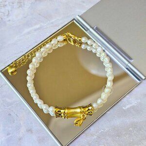 Delicate Freshwater Pearl Bracelet with Bamboo 24K Plated Charm